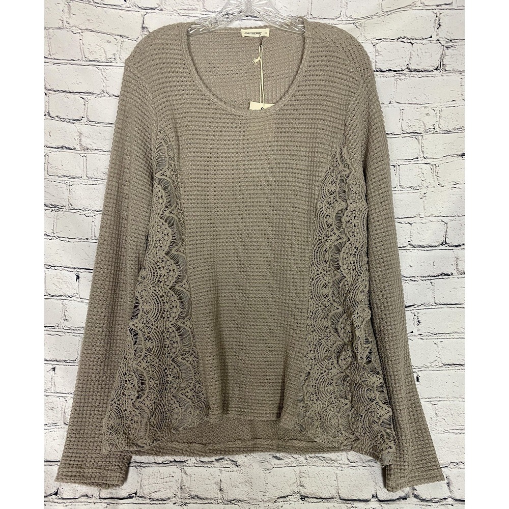 ANDTHEWHY NWT Taupe Waffle Knit Lace Long Sleeve 1X Oversized Boho Top